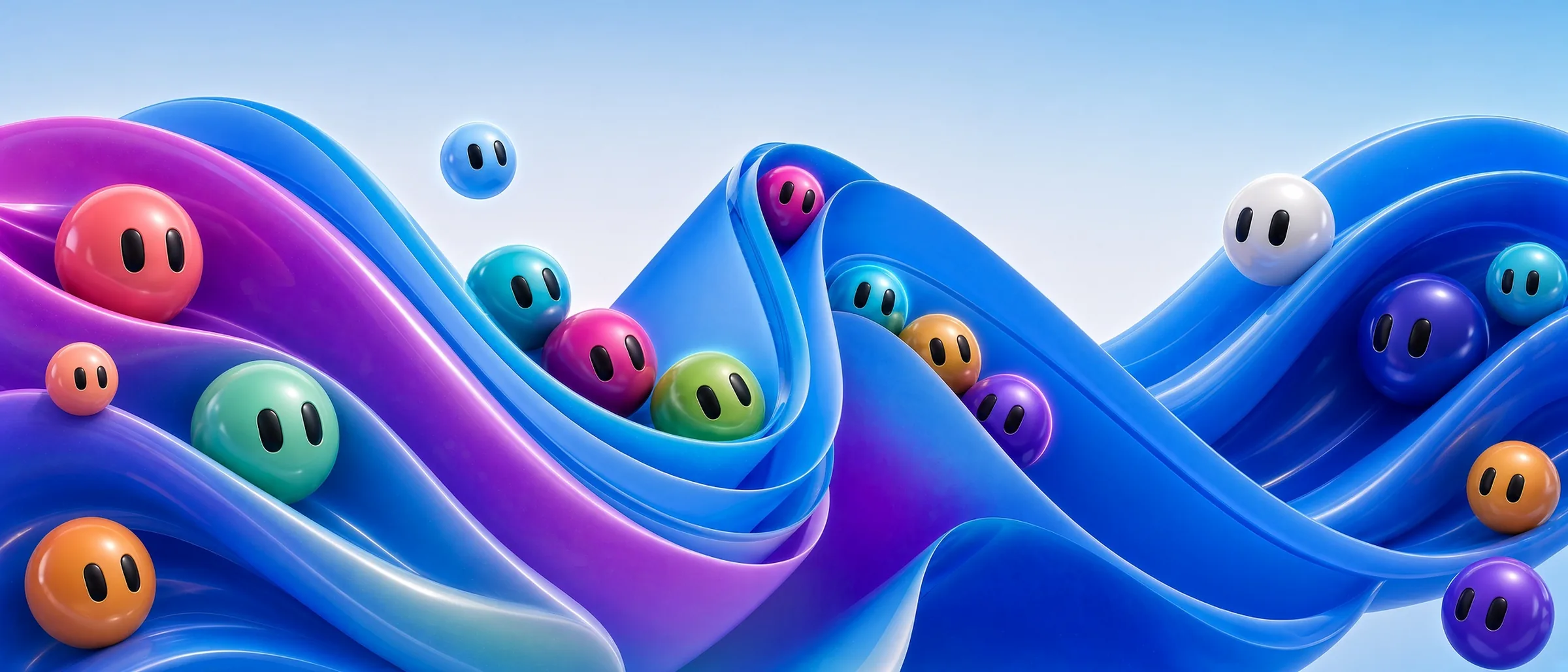 Glossy coral, mint, violet, orange, and white round characters with simple dark eyes, sitting on thick flowing blue and violet ribbons against a pale blue sky.